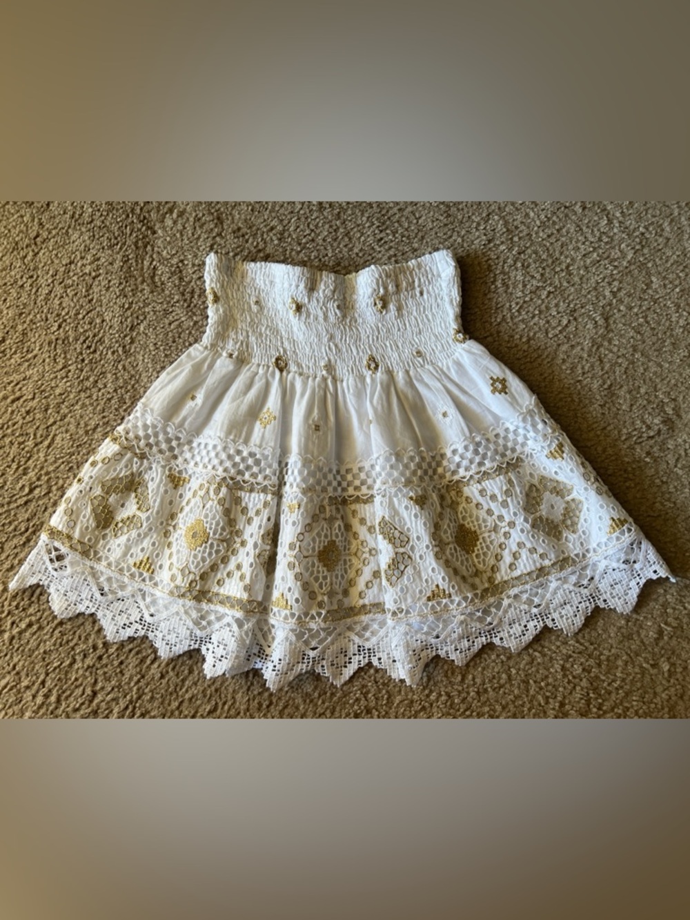 Temptation Positano S White Mini Skirt Gold Embroidery Eyelet Smock Waist Italy